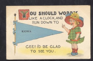 KIOWA IOWA BLUE PENNANT 1916 VINTAGE POSTCARD TO MARSHALL MISSOURI SCHERZER