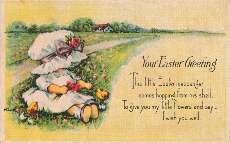 Circa 1917 Easter Poem Greetings Girl Bonnet Chickadees House Postcard 