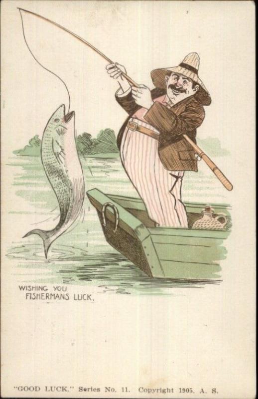 Good Luck Series FISHERMEN'S LUCK Fishing Whiskey Jug in Boat Postcard