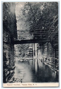 1908 Council Chamber Bridge River Lake Havana Glen New York NY Vintage Postcard 