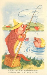 Postcard 1950s fishing romance catching hearts comic humor 23-10876