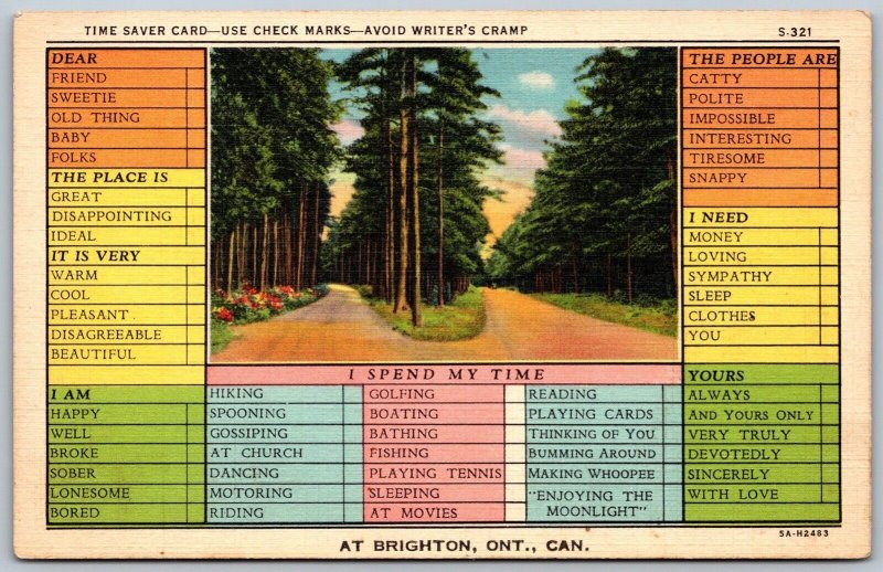 Postcard Brighton Ontario c1935 Busy Person’s Time Saver Card Unused Linen