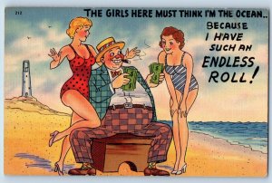 Humor Postcard Fat Rich Man Smoking Cigarette Sexy Girl Beach Bathing Beauty