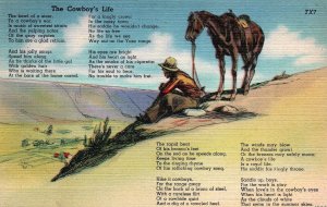 VINTAGE POSTCARD THE COWBOYS LIFE POETRY ON MINT LINEN CARD HORSE