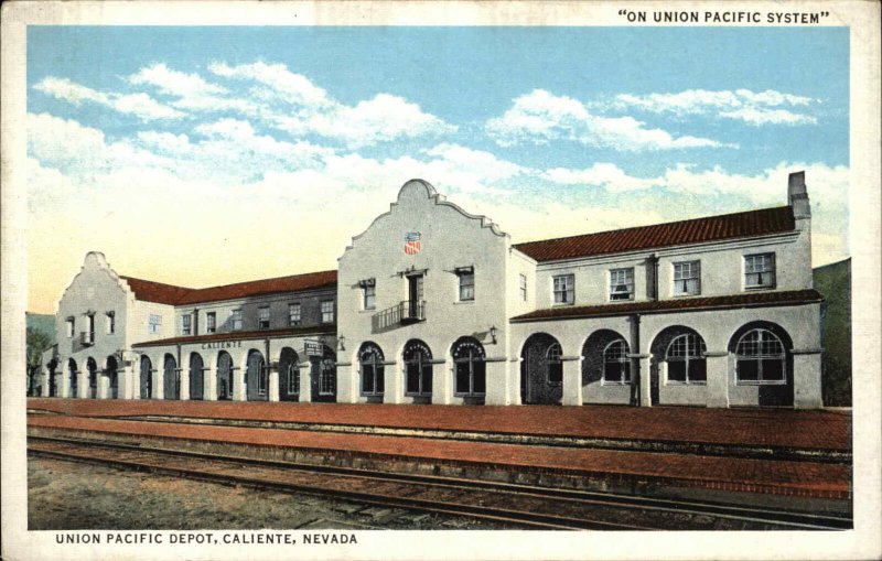 Caliente NV RR Train Station Depot UP Union Pacific Linen  Postcard