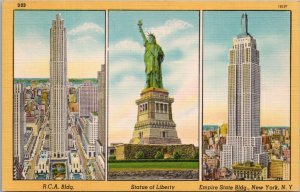 RCA Bldg Statue of Liberty Empire State Bldg NY Postcard PC513