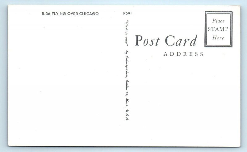 AIR FORCE PLANE ~ B-36 PEACEMAKER over Chicago  c1950s  Postcard