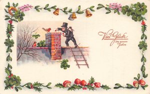 New Year 1937 Chimney Sweep Mushroom Shamrock Holy Tree Bell postcard C333
