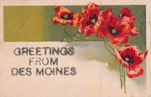 DES MOINES IOWA~GREETINGS FROM~1908 PSTMK EMBOSSED GLITTER POSTCARD