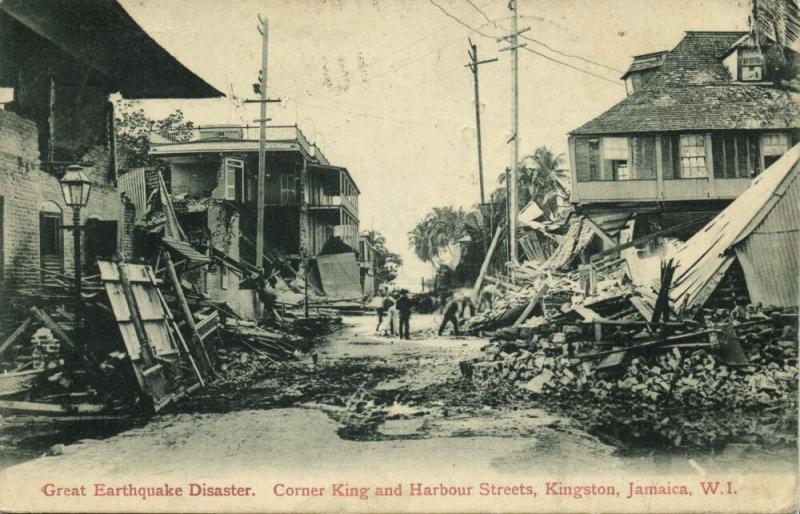 jamaica W.I., KINGSTON, Earthquake, Corner King & Harbour Street (1908) Postcard