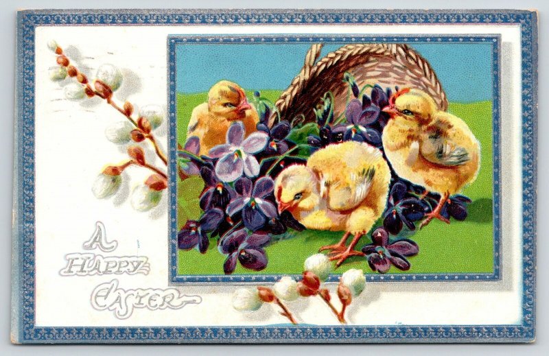 Easter~Chicks Spill Violets Flower Basket~pussy Willows~Silver Blue Border~TUCK 