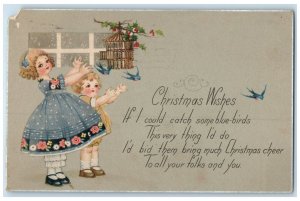 1924 Christmas Wishes Children Birds Cage Holly Berries Rockville IA Postcard