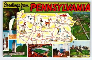 Greetings From Pennsylvania Map Postcard Chrome Vintage Unused Color Card