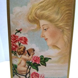 Fantasy Postcard Giant Blonde Goddess In Clouds Cherub Angel With Camera CC No57