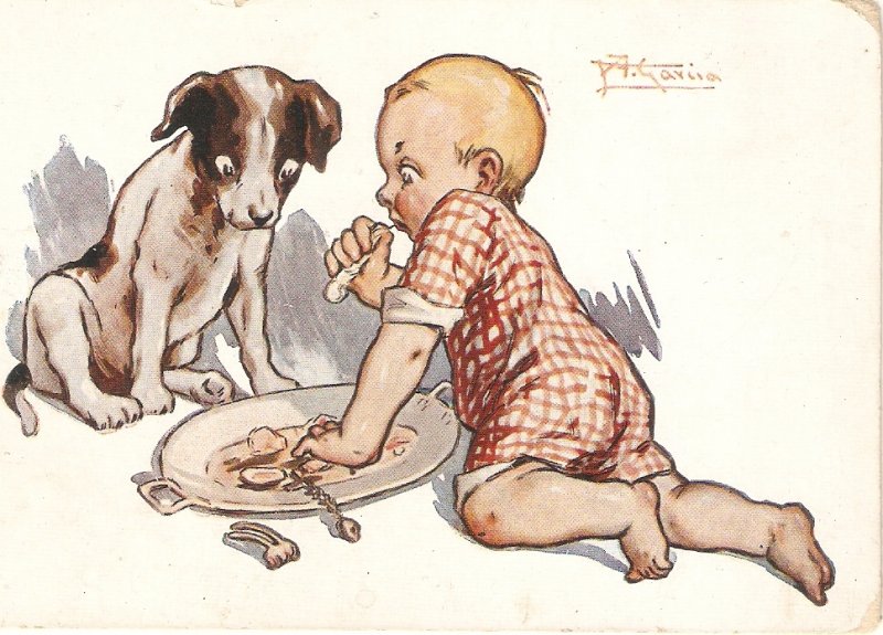 A.Garcia. Baby and dog. Caricature Curious vintage Spanish PC