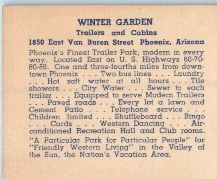 c1940's Winter Garden Cabins & Trailers Street View Phoenix Arizona AZ Postcard 