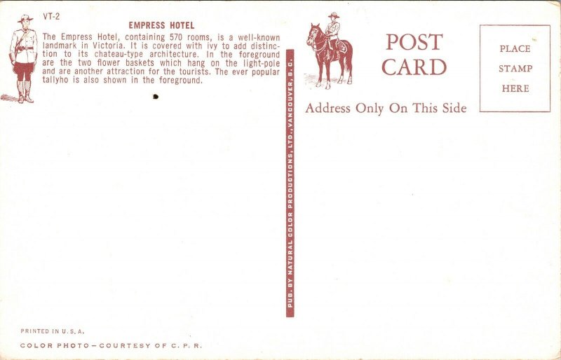 Empress Hotel Victoria Canada Postcard Vancouver BC VTG UNP Vintage Unused 
