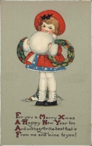 Christmas Fashionable Little Girl Wreath Fur Muff Hat Vintage Postcard