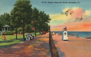 VINTAGE POSTCARD BATHING SCENE ALONG THE BEACH AT EVANSTON ILLINOIS c. 1940s