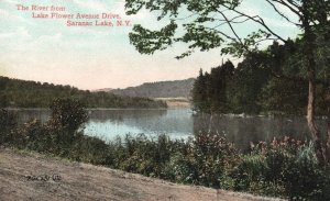 Vintage Postcard River From Lake Flower Avenue Drive Saranac Lake New York NY