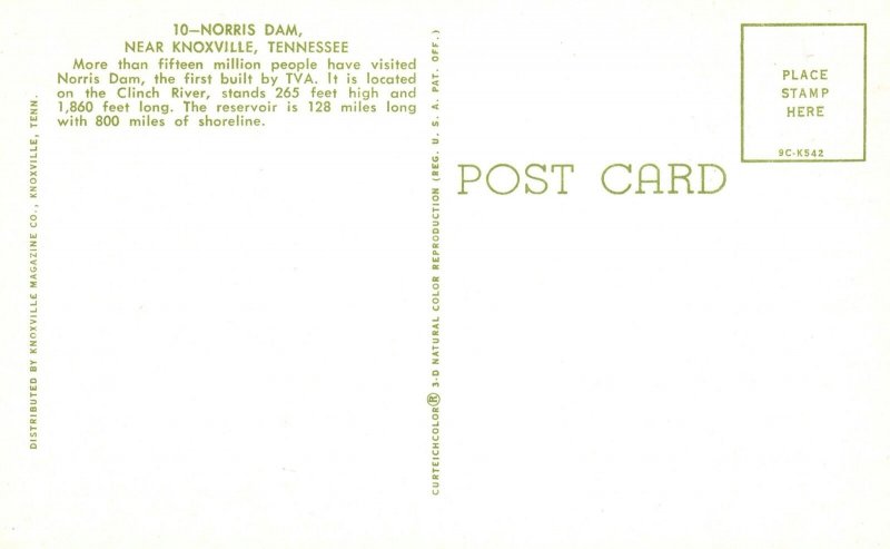 Vintage Postcard Norris Dam Hydroelectric and Food Control Knoxville Tennessee 