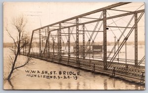 Muncie Indiana~W Washington St Bridge Under Flood~Spearmint Billboard~RPPC 1913
