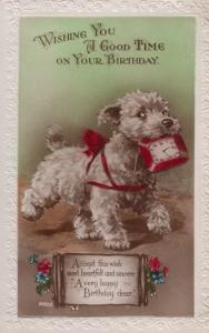 Good Time Dog Poodle Carrying Old Alarm Clock In Mouth Happy Birthday Postcard