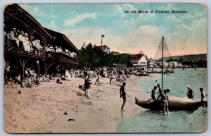K41/ Waikiki Beach Hawaii Postcard c1910 Sailboat Pavilion Bathers 285
