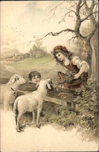 PFB Serie 5058 Children Feeding Lambs Embossed c1910 Vintage Postcard