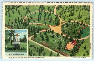 SPOKANE, Washington WA ~ Aerial View HOLY CROSS CEMETERY c1940s Linen  Postcard