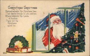 Christmas Santa Claus Looking in Window Toy Bus Vintage Postcard