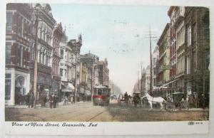 VIEW OF MAIN STREET EVANSVILLE INDIANA 1908 ANTIQUE POSTCARD TROLLEY RAILWAY