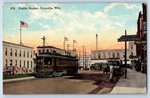 1913 Public Square Train Business District Classic Car Kenosha Wisconsin Postcar