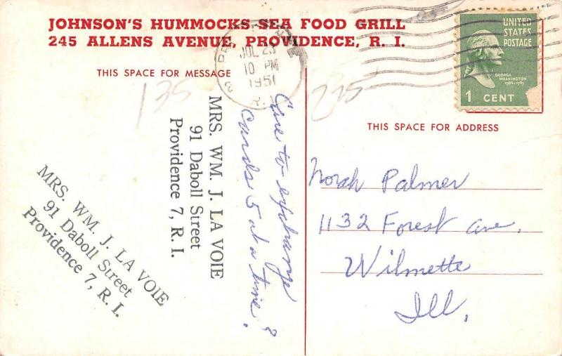 RHODE ISLAND RI Postcard 1951 PROVIDENCE Johnson's HUMMOCKS Sea Food GRILL