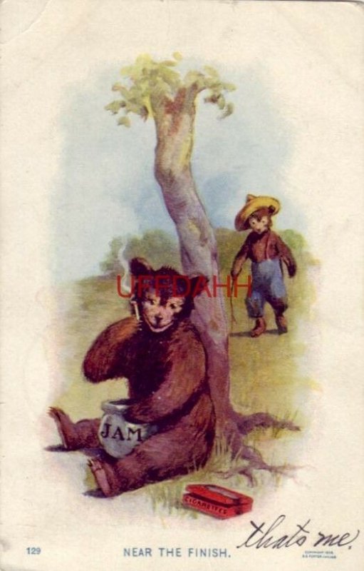 pre-1907 NEAR THE FINISH bear smokes & eats jam while Papa Bear approaches 1907