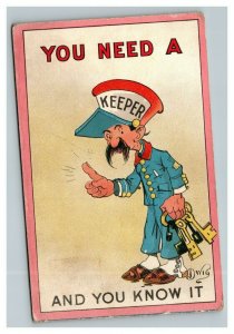 Vintage 1913 Comic Postcard - You Need a Keeper...and You Know It - Zookeeper