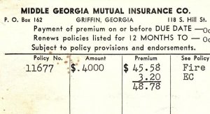 1966 GRIFFIN GA MIDDLE GEORGIA MUTUAL INSURANCE PREMIUM INVOICE Z904