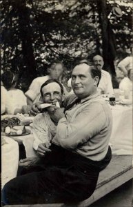 Silly Men Shoving Cucumbers in Mouth Sits on Lap SYRACUSE NY 1911 RPPC UNUSUAL