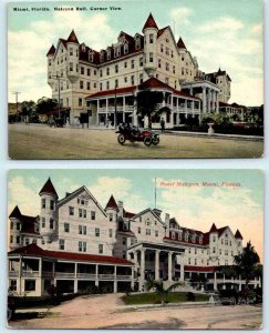 2 Postcards MIAMI, Florida FL ~ HALCYON HALL HOTEL Street Scene 1910s Cars