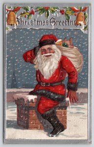 Christmas Greetings Santa Climbing in Chimney with Toy Sack Postcard J22