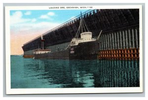 Vintage 1940's Postcard Cargo Ship Escanaba Loading Ore Lake Michigan