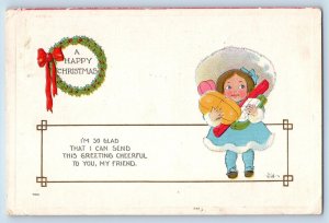 Christmas Postcard Greeting Little Girl With Gifts Berries Wreath Chicago IL