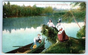 Women Boating on Magog River SHERBROOKE PQ Canada 1908 Postcard