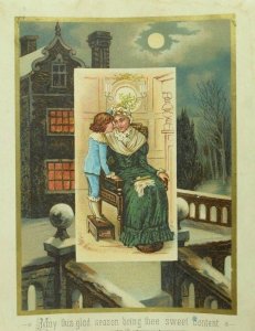 1870's-80's Victorian Christmas Card Poem Night Scene Moon Snow Old Lady Boy &A