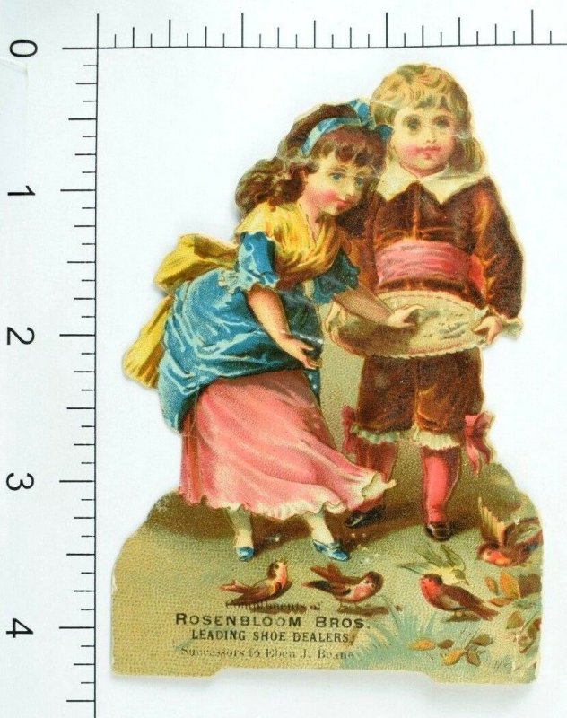 Lovely Die Cut Kids Feeding Birds, Rosenbloom Bros Shoe Dealer Trade Card P74