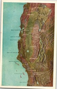 Topographical Map of California, Cities Marked Vintage Postcard B05