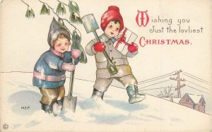 S/A MEP Mary Evans Price Postcard Christmas Children W/ Snow Shovel & Gift 735-F