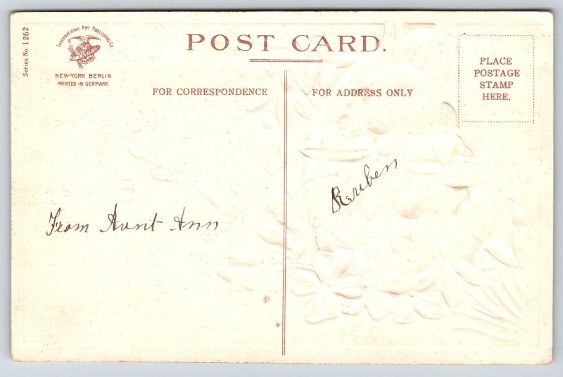 Clapsaddle Easter~Sweet Bunny Rabbit Pokes Paws Out Lavender Egg~Snowdrop Lilies