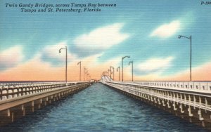 Vintage Postcard 1930's Twin Gandy Bridges Tampa & St. Petersburg Florida FL