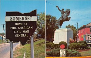 Somerset Ohio 1960s Postcard General Philip Sheridan Statue & Sign 